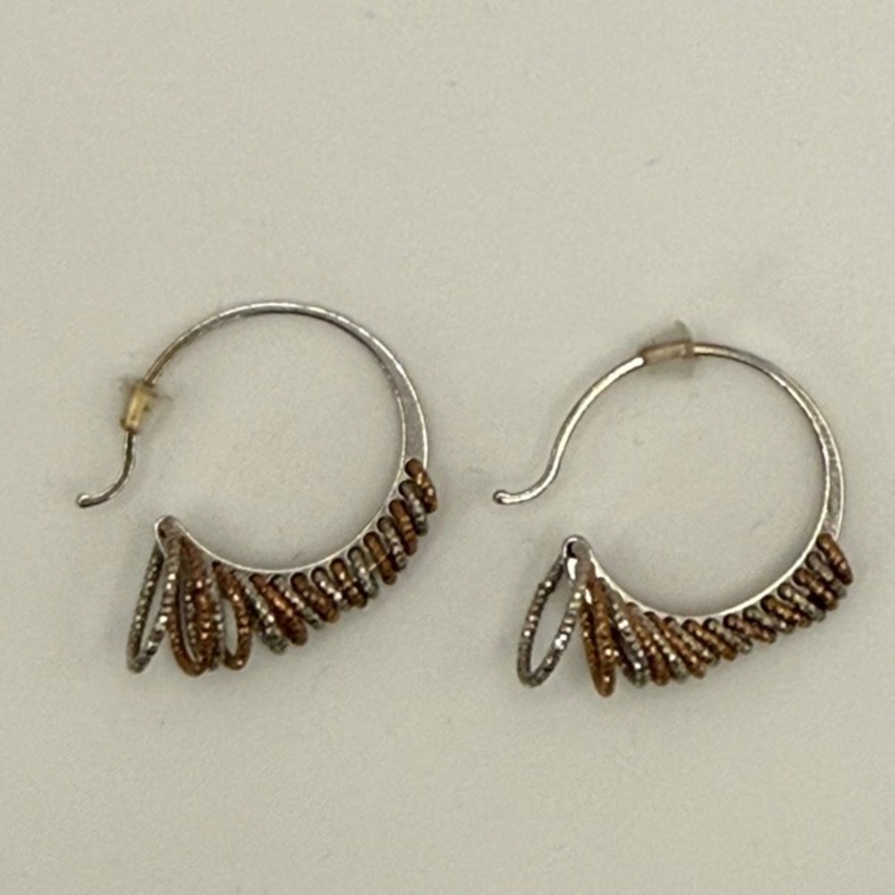 Mixed Metal Textured Coil Hoop Earrings‎ Silver Copper Tone Boho Artisan Style